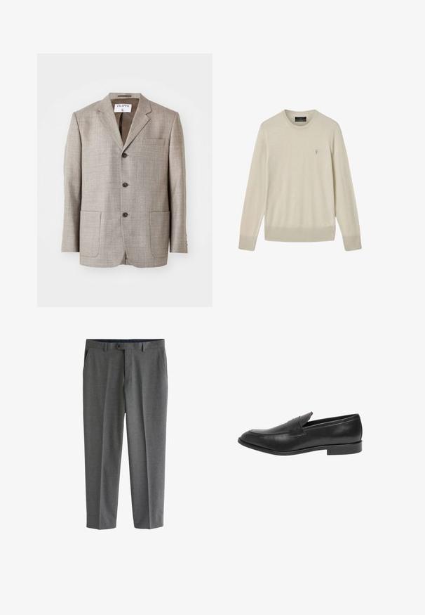 Blazer marron clair en tissu texturé, avec des revers découpés, des boutons à l'avant et deux poches avant. L'étiquette indique "Filippa K."; Pull beige à manches longues avec col ras du cou, poignets et ourlet côtelés, arborant un petit logo brodé sur le côté gauche de la poitrine.; Pantalon habillé gris taillé sur mesure pour homme, avec poches latérales, passants de ceinture et fermeture à bouton à la taille.; Mocassins en cuir noir avec un bout arrondi, un design à enfiler et un motif de couture subtil le long de l'avant et des côtés. Semelle en caoutchouc plate.