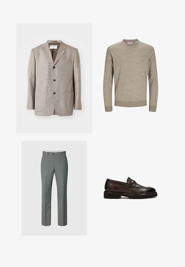 Blazer de color marrón claro con una tela texturizada, solapas muesca, botones frontales y dos bolsillos frontales. La etiqueta dice "Filippa K."; Suéter beige de manga larga con cuello redondo, puños y dobladillo acanalados, exhibido sobre un fondo blanco.; Pantalones de vestir para hombre en color gris con un sutil patrón de cuadros, cierre frontal con botón y cremallera, y trabillas para cinturón, mostrados sobre un fondo blanco plano.; Mocasines de cuero marrón con punta redonda, suela de goma gruesa y pequeña correa decorativa. Textura suave con detalles de costura mínimos.