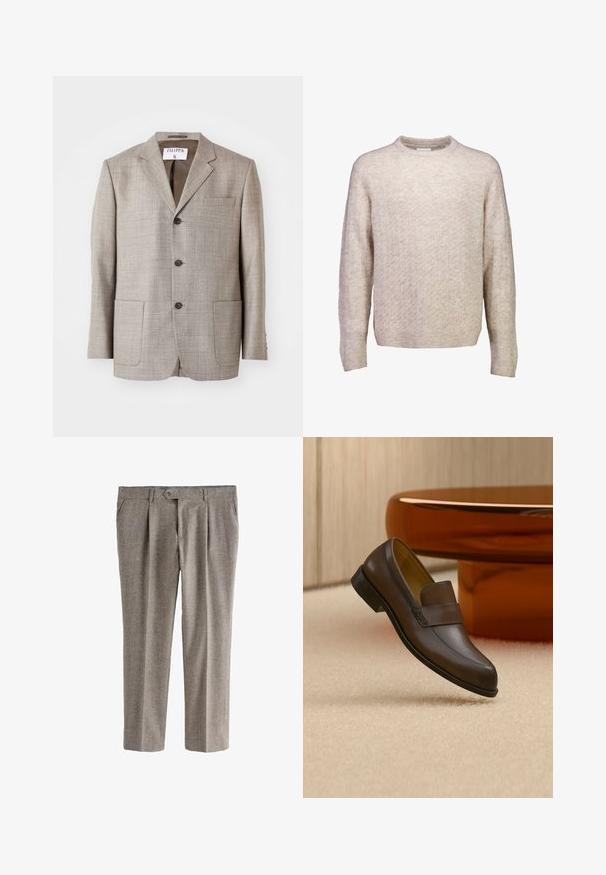 Blazer marron clair en tissu texturé, avec des revers découpés, des boutons à l'avant et deux poches avant. L'étiquette indique "Filippa K."; Pull beige à manches longues en maille avec un motif texturé subtil, poignets et bas en côtes, et un col rond.; Pantalon à carreaux gris avec une coupe droite, comportant des plis avant, une fermeture à un bouton et des poches. Tissu texturé.; Mocassin en cuir marron foncé présenté en suspension au-dessus d’un tapis beige avec une table ronde en bois poli en arrière-plan.