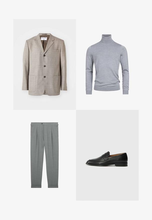 Lys brun blazer med en tekstureret stof, flapskuldre, frontknapper og to forlommer. Mærket lyder "Filippa K."; Grå turtleneck sweater lavet af et blødt strikket stof. Har lange ærmer og en tætsiddende design med ribbede manchetter og kant. Enkel, glat tekstur.; Lysegrå skræddersyede bukser med for-ploer, justeringsstropper i siden, knaplukning og opbukket kant.; Sort læder loafer med rund tå, diskret syning, og lav hæl, der har en glat tekstur og minimalistisk design.