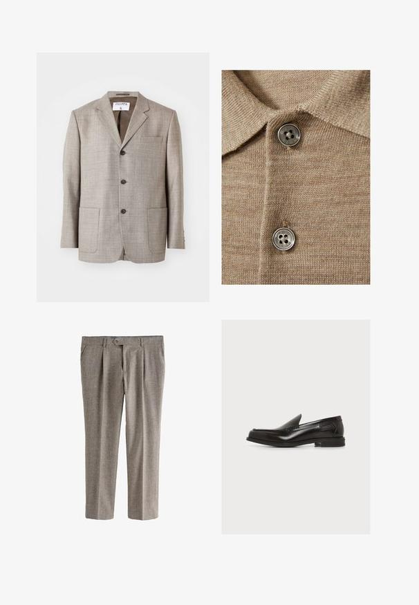 Lys brun blazer med en tekstureret stof, flapskuldre, frontknapper og to forlommer. Mærket lyder "Filippa K."; Beige strikket polo shirt med krave, der har to sølvknapper og et fint, tekstureret stof.; Grå ternede bukser med lige ben, der har frontfolder, en enkelt knaplukning og lommer. Struktureret stof.; Sort læderslip-on loafer med lav hæl og syninger, sidemærke, på ensfarvet hvid baggrund.