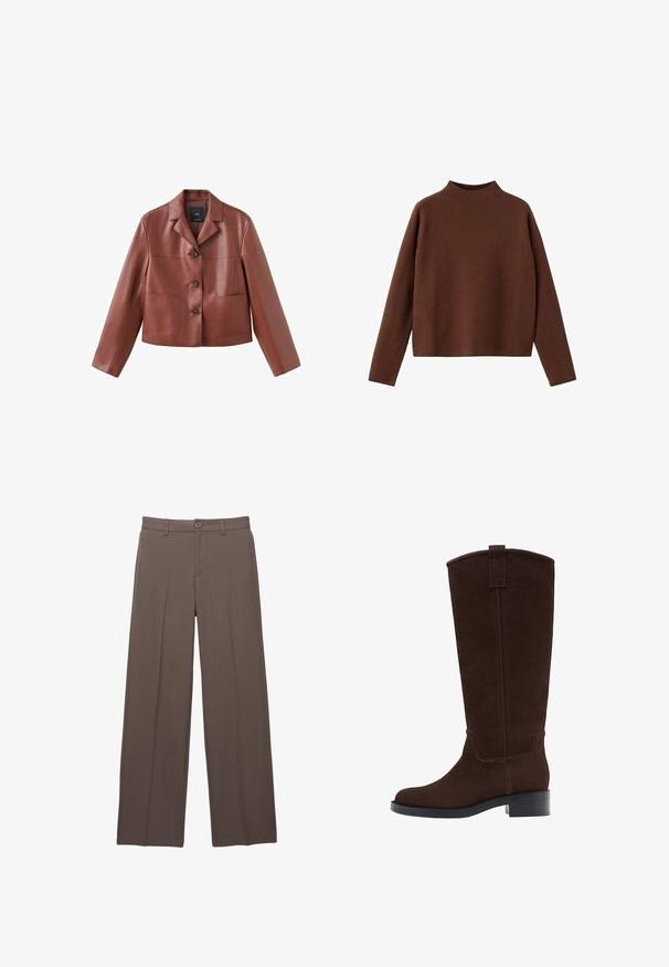 Veste en cuir marron coupée avec un col, trois boutons, deux poches avant et des manches longues. Le matériau a une finition lisse et brillante.; Pull en laine marron à manches longues avec un col montant. Fabriqué en tissu doux et texturé. Présente une coupe décontractée et ample avec un design minimaliste.; Pantalons taillés marron avec passants de ceinture, fermeture à bouton et détails de plis avant sur un fond blanc.; Botte haute en daim marron foncé avec un petit talon empilé et un bout arrondi, équipée d'une lanière au sommet de la tige.