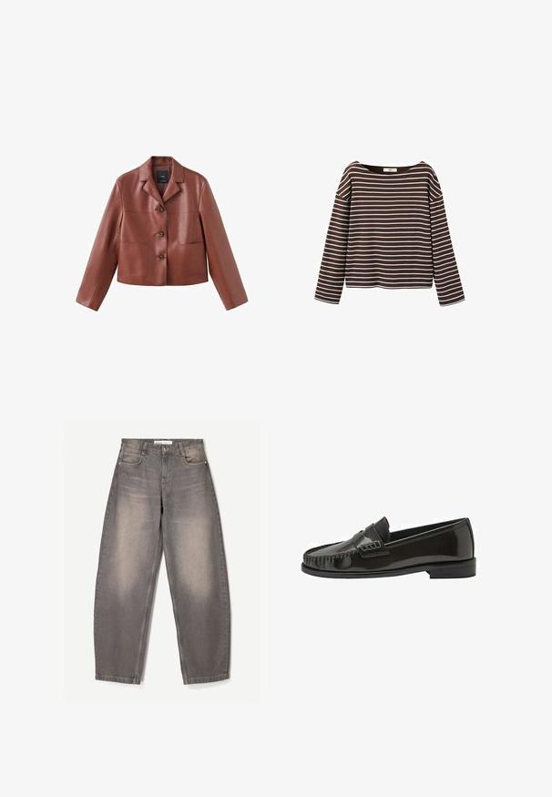 Veste en cuir marron coupée avec un col, trois boutons, deux poches avant et des manches longues. Le matériau a une finition lisse et brillante.; Chemise marron à manches longues avec des rayures horizontales blanches et un large col rond, présentée sur un fond blanc.; Jeans gris ample en denim, avec un léger délavage, un design à cinq poches, des passants de ceinture et une fermeture à bouton à la taille.; Mocassin homme noir en cuir verni, sans lacets, avec bout mocassin cousu et talon bas empilé, présenté de profil sur fond blanc.