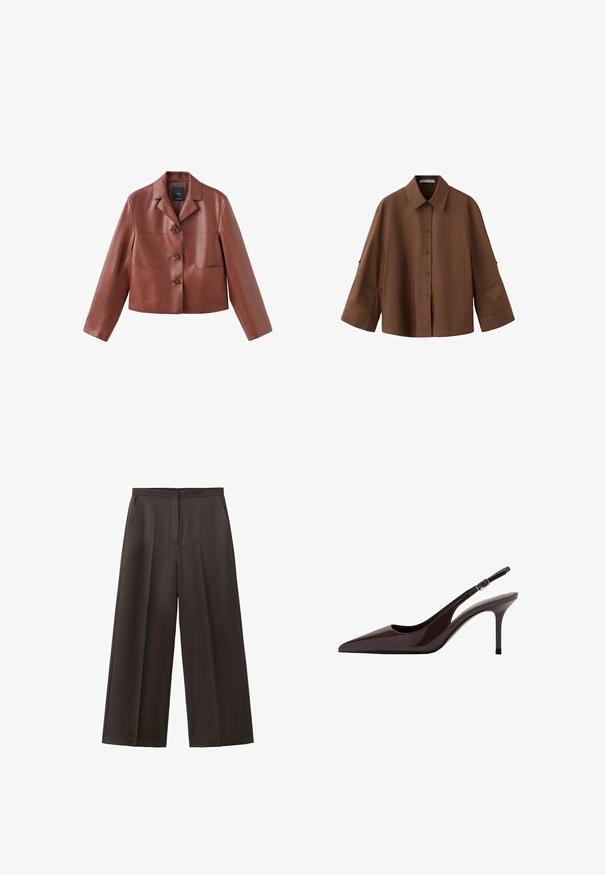 Veste en cuir marron coupée avec un col, trois boutons, deux poches avant et des manches longues. Le matériau a une finition lisse et brillante.; Chemise marron à boutons, manches longues larges et poche poitrine, avec col classique et coupe décontractée.; Pantalon noir à jambes larges avec taille haute, plis avant et poches latérales, conçu pour une tenue formelle ou professionnelle.; Talons slingbacks en cuir verni marron avec un bout pointu, un talon fin et une bride réglable. Texture lisse et finition brillante.