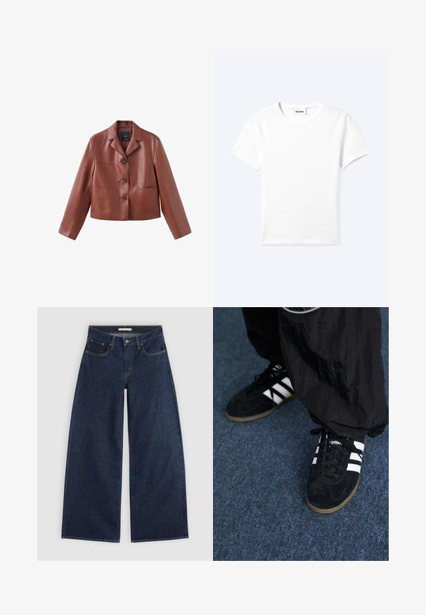 Veste en cuir marron coupée avec un col, trois boutons, deux poches avant et des manches longues. Le matériau a une finition lisse et brillante.; T-shirt blanc uni à manches courtes et col rond avec une petite étiquette "WEEKDAY" à l'intérieur de l'encolure, présenté à plat sur un fond clair.; Jean denim bleu foncé à jambes larges, avec poches avant, passants de ceinture et fermeture par bouton, présenté à plat sur un fond clair.; Des chaussures de sport en suède noir avec trois rayures blanches et des lacets noirs. Un pantalon noir texturé est partiellement visible à côté des chaussures.
