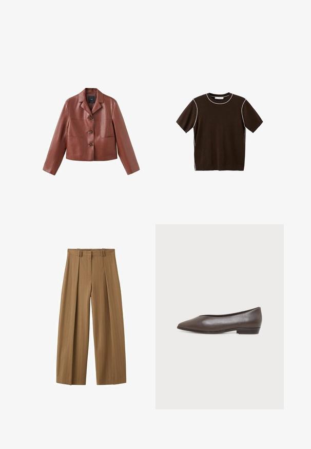 Veste en cuir marron coupée avec un col, trois boutons, deux poches avant et des manches longues. Le matériau a une finition lisse et brillante.; Chemise en tricot à manches courtes de couleur marron foncé avec bordure blanche le long de l'encolure, des coutures d'épaule et des côtés, présentée sur un fond blanc.; Pantalon marron taille haute à jambes larges avec fines rayures, plis sur le devant, passants pour ceinture et fermeture éclair dissimulée sur le devant.; Chaussure plate en cuir marron foncé à talon bas avec bout pointu et finition lisse, vue de profil sur fond blanc.