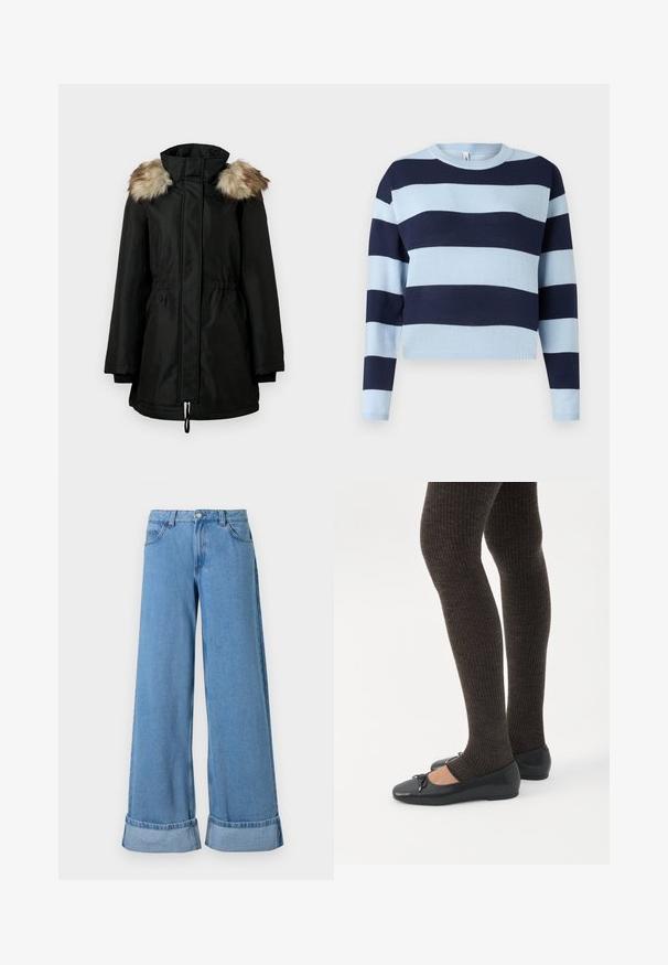 Manteau d'hiver long noir avec col montant et bordure en fourrure brune sur les épaules, doté d'une fermeture éclair à l'avant et d'une taille cintrée.; Pull rayé bleu clair et marine avec un col rond, des manches longues et des poignets côtelés. Fabriqué en tissu tricoté doux.; Jean en denim bleu clair à jambes larges avec une taille haute, des poignets roulés, un design à cinq poches et une fermeture à bouton avec un zip.; Jambes portant des leggings côtelés foncés associés à des ballerines noires avec de petits détails en nœud sur fond blanc.