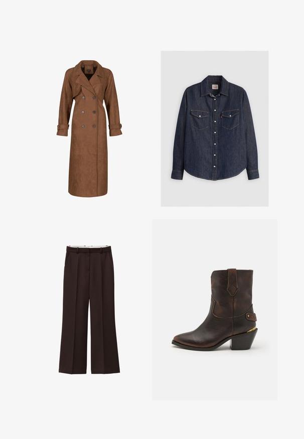Lange bruin dubbelgeknoopte trenchcoat met brede revers en knoopsluitingen op de manchetten, gepresenteerd op een witte achtergrond.; Donkerblauwe denim overhemd met lange mouwen, kraag met knopen aan de voorkant, twee borstzakken met kleppen en contrasterende gele stiksels.; Wijde broek in donkerbruine stof, met een hoge taille, dubbele plooien en zijzakken. Gladde textuur met riemlussen.; Bruine leren cowboylaars met een puntenneus en gestapelde hak. Voorzien van een decoratief ruitpatroon en een riem met hardware accent.