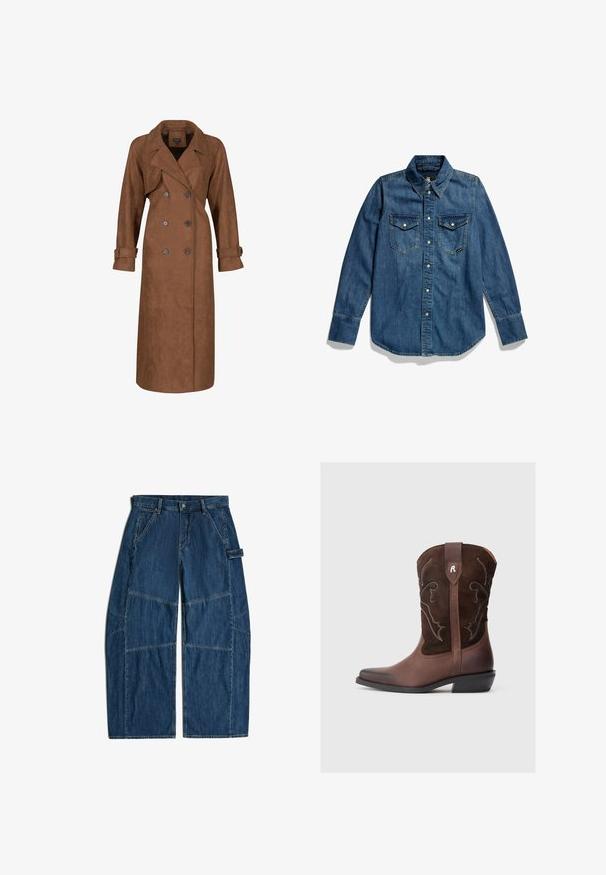 Lange bruin dubbelgeknoopte trenchcoat met brede revers en knoopsluitingen op de manchetten, gepresenteerd op een witte achtergrond.; Denim overhemd in een diepblauwe kleur, met knopen aan de voorkant, twee borstzakken en een puntige kraag. Het heeft lange mouwen en een gebogen zoom.; Donkerblauwe wijde spijkerbroek met riemlussen, voorzakken en extra stikseldetails op de knieën en zijkanten.; Bruine leren cowboylaars met een gestructureerd suède bovendeel, gedetailleerde witte stiksels, een spits toelopende neus en een lage blokhak.
