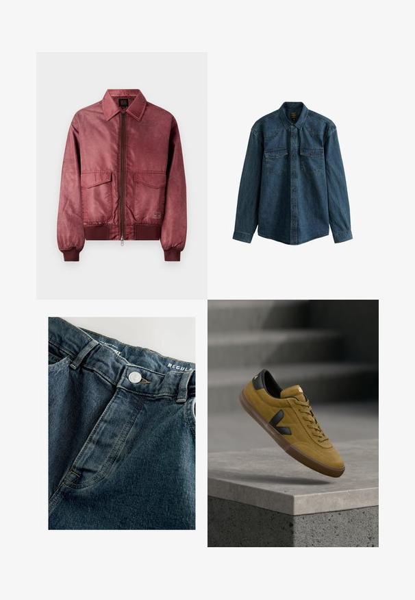 Bordeaux bomberjack met een ritsvoering, twee borstzakken, geribbelde manchetten en een gladde satijnachtige textuur. Kenmerkt zich door een klassiek ontwerp met kraag.; Donkerblauwe denim overhemd met lange mouwen, een puntige kraag en twee borstzakken met drukknoopsluitingen. Gestructureerde stof.; Blauwe spijkerbroek met een standaard pasvorm, voorzien van een zilveren metalen knoop, gestikte zakken en een licht vervaagde textuur.; Geel suède sneaker met zwarte leren accenten, een getextureerd oppervlak, platte veters en een bruine rubberen zool, met een logo op de tong.