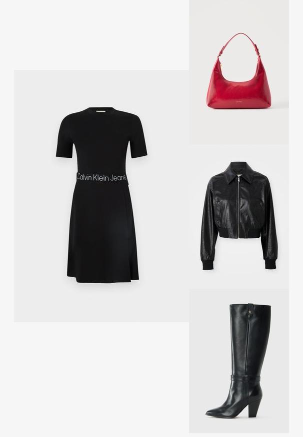 Zwarte leren cropped jacket met een puntige kraag, ritssluiting en elastische zwarte manchetten en zoom. Bevat zijzakken.; Zwarte jurk met korte mouwen en ronde hals, een getailleerde taille met een ceintuur met het logo "Calvin Klein Jeans" en een A-lijn rok die tot op de knie reikt.; Zwarte leren laars tot halverwege de kuit met een spitse neus, blokhak, decoratieve riem rond de enkel en een klein metalen logo nabij de bovenrand.; Rode leren schoudertas met gouden rits en verstelbare band, Calvin Klein-logo gecentreerd aan de voorkant.