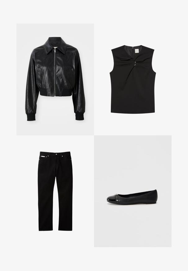 Schwarze, taillierte Lederjacke mit spitzem Kragen, Reißverschluss und elastischen, schwarzen Bündchen sowie Saum. Verfügt über seitliche Taschen.; Ärmelloses schwarzes Top mit gedrehtem Knotendetail und silbernem Ring am Ausschnitt, Rückennaht mit Reißverschluss und Calvin Klein-Etikett innen im Kragen.; Schwarze Jeans aus Denim mit geradem Bein, ausgestattet mit Knopf- und Reißverschluss, fünf Taschen und einem kleinen Logetikett am Bund.; Schwarzer flacher Schuh mit runder Zehenform, der eine glänzende Lackkappe und einen strukturierten Lederkörper aufweist, akzentuiert mit einem kleinen Metallelement.