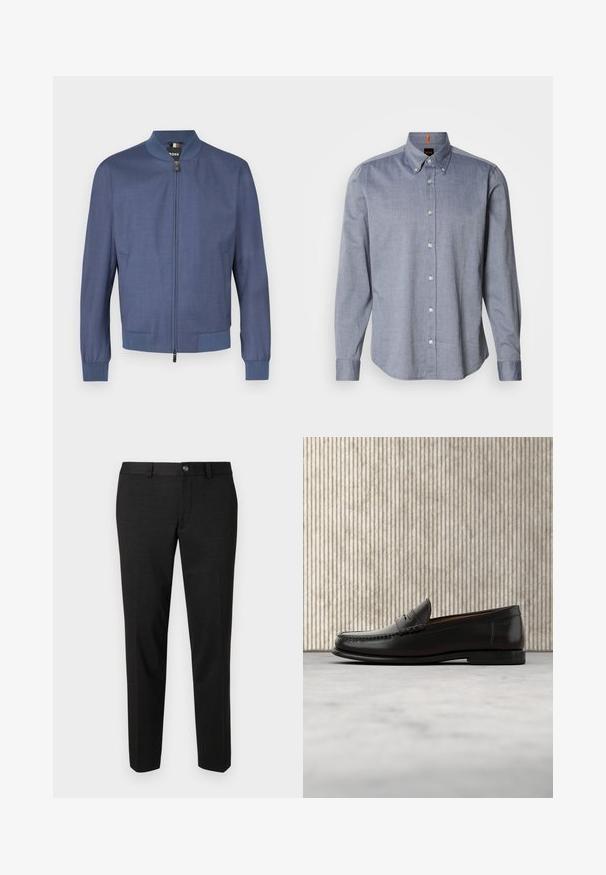 Veste aviateur bleu marine avec fermeture éclair à l'avant, poignets et col en bord-côte. Confectionnée en tissu lisse avec une texture subtile. Deux poches latérales.; Chemise à boutons à carreaux bleus avec col, manches longues et boutons blancs. Présente une texture tissée et un accent orange au niveau du col.; Pantalon noir en tissu lisse. Ils présentent une coupe droite, un devant plat et une fermeture à bouton avec un design de taille simple.; Mocassin penny en cuir noir avec talon bas, bout arrondi et détails cousus à l'avant et sur les côtés, présenté sur un fond neutre.