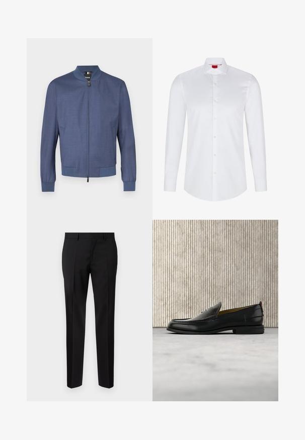 Veste aviateur bleu marine avec fermeture éclair à l'avant, poignets et col en bord-côte. Confectionnée en tissu lisse avec une texture subtile. Deux poches latérales.; Chemise blanche à manches longues avec boutons en coton lisse. Présente un col classique, une patte de boutonnage pleine et un ourlet arrondi.; Pantalons noirs ajustés en tissu lisse, présentant une jambe droite, des détails de pli raffinés et une taille classique avec passants de ceinture.; Mocassin pour homme en cuir noir avec un dessus embossé effet croco et un petit talon, présenté de profil sur un fond neutre.