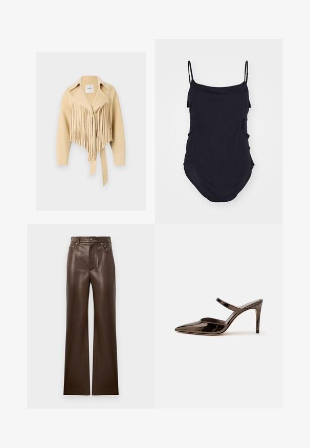Nanushka TICIA - Ľahká bunda - creme; Čierny bezrukávový top s tenkými ramienkami, vyrobený z mäkkej látky. Má drapované strany a zakrývajúci lem pre voľný strih.; Hnedé kožené zvonové nohavice s hladkou textúrou, dizajnom s piatimi vreckami, predným zipsom a kovovým zapínaním, s vysokým pásom.; Lesklý tmavohnedý mule s vysokým podpätkom so špicatou špičkou a úzkym remienkom cez priehlavok na jednoduchej bielej pozadí.