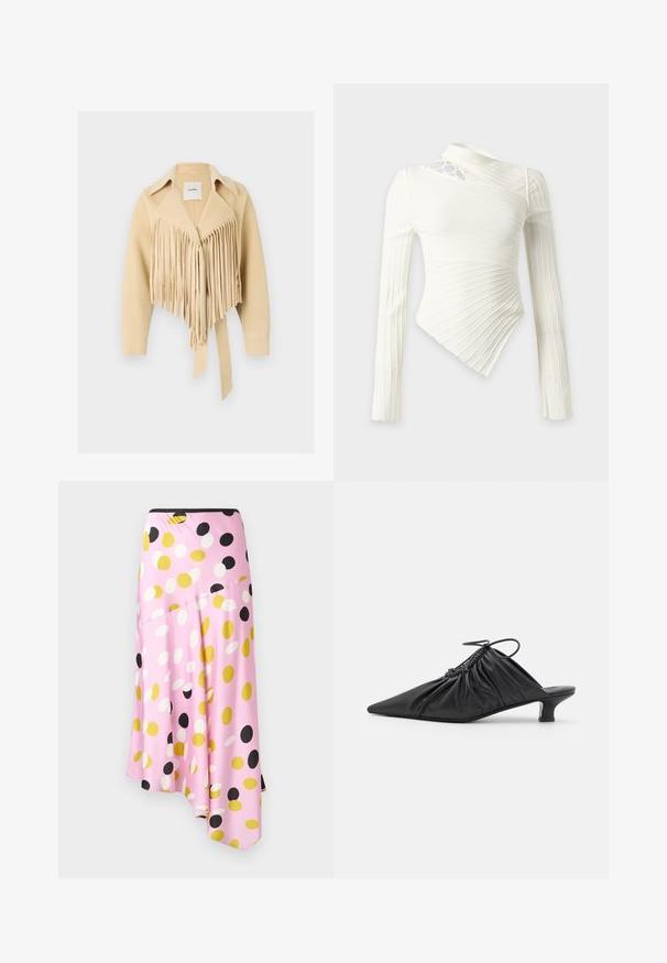 Nanushka TICIA - Veste mi-saison - creme; Haut asymétrique blanc à manches longues avec texture côtelée, découpe à une épaule et ourlet diagonal.; Jupe asymétrique rose présentant un mélange de gros pois noirs, blancs et jaunes, confectionnée dans un tissu lisse à la texture douce.; Mules noirs en cuir à enfiler avec un bout pointu, une texture froncée et un petit talon aiguille. Présente un détail à cordon au niveau de l'ouverture.