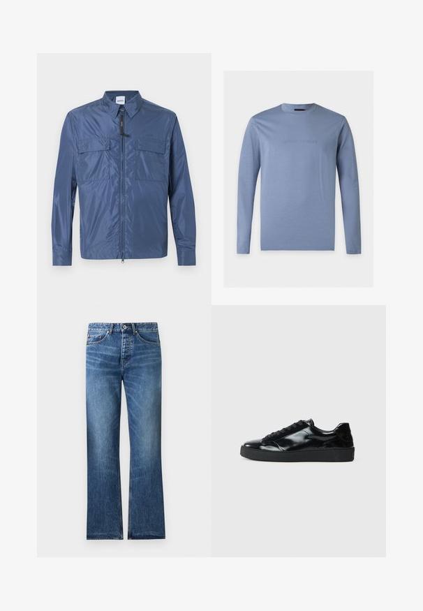 Veste légère bleue à manches longues avec fermeture éclair frontale, deux poches à rabat sur la poitrine et un col pointu.; Chemise bleu clair à manches longues avec col rond et logo Emporio Armani en relief centré sur la poitrine, fond blanc.; Jean en denim bleu avec une coupe droite, cinq poches, fermeture par bouton et zip, et légère décoloration sur les cuisses et les genoux.; Baskets en cuir verni noir avec un bout arrondi, un laçage, une semelle en caoutchouc texturé et une finition lisse.
