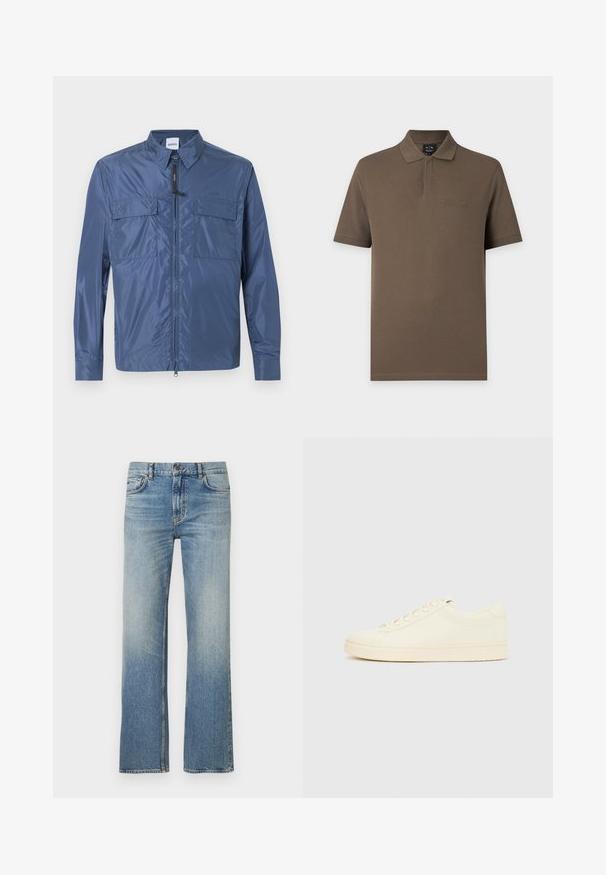 Veste légère bleue à manches longues avec fermeture éclair frontale, deux poches à rabat sur la poitrine et un col pointu.; Polo marron à manches courtes avec col et logo Armani Exchange subtil sur la poitrine gauche.; Jean en denim bleu clair avec une coupe droite, présentant une finition délavée, un design classique à cinq poches et des coutures contrastées.; Baskets couleur crème avec une tige en cuir lisse, bout arrondi, laçage à l'avant et semelle en caoutchouc texturée. Design minimaliste, sans logo.