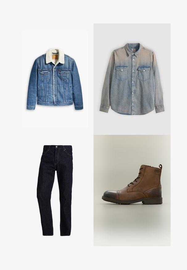 Denimjack met een lichtblauwe kleur, een kraag van schapenvacht, twee borstzakken, een knoopsluiting aan de voorkant en contraststiksels.; Lichtblauw verweerd denim overhemd met lange mouwen, kraag, knoopsluiting aan de voorkant en twee borstzakken met knoopklep.; Donkerblauwe spijkerbroek met een rechte pasvorm, voorzien van gele stiksels, vijf zakken en een klassieke knoop- en ritsluiting.; Bruine leren enkellaars met veters, zwarte neuskap, ronde zool en merkdetail aan de zijkant tegen een effen achtergrond.