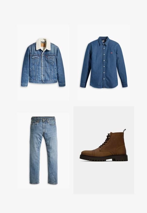 Veste en denim de couleur bleu clair, col en fourrure, deux poches poitrine, fermeture à boutons devant et surpiqûres contrastées.; Chemise en denim bleu foncé à manches longues, avec col et fermeture à boutons. Présente un petit logo rouge Levi's sur la poitrine. Texture lisse.; Jeans en denim bleu à jambe droite avec cinq poches, passants de ceinture et fermeture à bouton en métal sur un fond blanc.; Botte de cheville en cuir marron à lacets avec semelle crantée noire épaisse et languette, sur fond blanc.