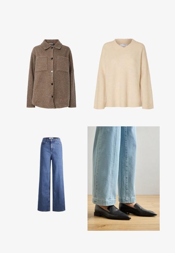 Brun, fuzzy fleece jakke med krave, to brystlommer og frontlukning med knapper. Har tekstureret overflade og mørke knapper.; Beige langærmet sweater med V-udskæring og ribstrikket krave, lavet af blødt strikstof, designet til kvinder.; Lyseblå denim brede bukser med høj talje, to frontlommer og synlige stikninger. Har en knap- og lynlåslukning.; Sorte lædersko med spids tå og slip-on design, parret med lyseblå bredbenede jeans, på et trægulv.