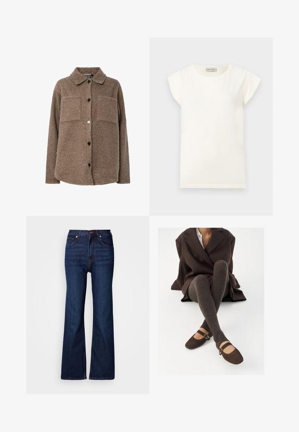 Brun, fuzzy fleece jakke med krave, to brystlommer og frontlukning med knapper. Har tekstureret overflade og mørke knapper.; Hvid t-shirt med korte ærmer, rund hals og løs pasform. Lavet af blødt stof med en glat tekstur og minimalistisk design.; Vida, mørkeblå denimjeans med fem lommer, knaplukning og kontrastsyningsdetaljer. Glat tekstur med et robust udseende.; Brune ribbede knæhøje sokker parret med brune ruskinds Mary Jane sko med en dekorativ rem og spænde, båret med en mørk frakke.