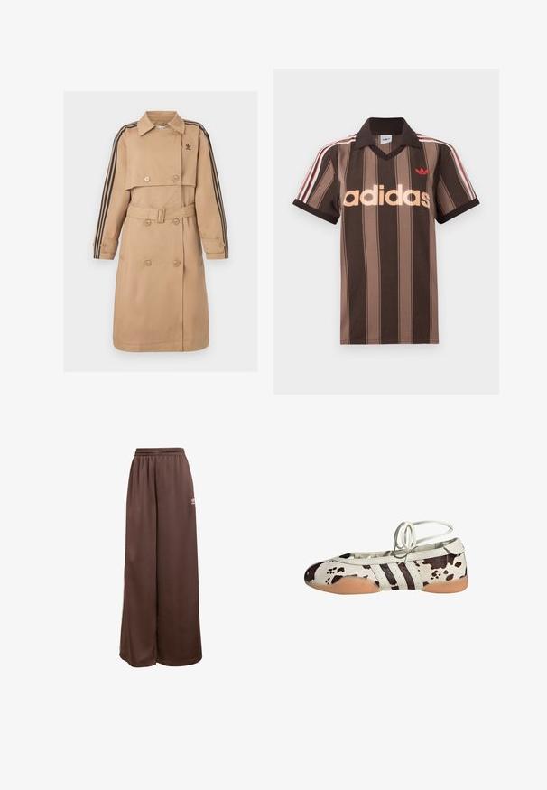 Beige trenchcoat med dobbeltradede knapper, bælte og sorte stribede detaljer på ærmerne; har krave og sidelommer.; Brunstribet Adidas polo-shirt med V-hals, bordeaux krave og rødt logo. Har hvide og røde skulderstriber samt korte ærmer.; adidas Originals Træningsbukser - auburn cream white; Hvide balletflade sko i læder med brun ko-print, der har tre sorte striber på siden og en fleksibel, tanfarvet gummisål.