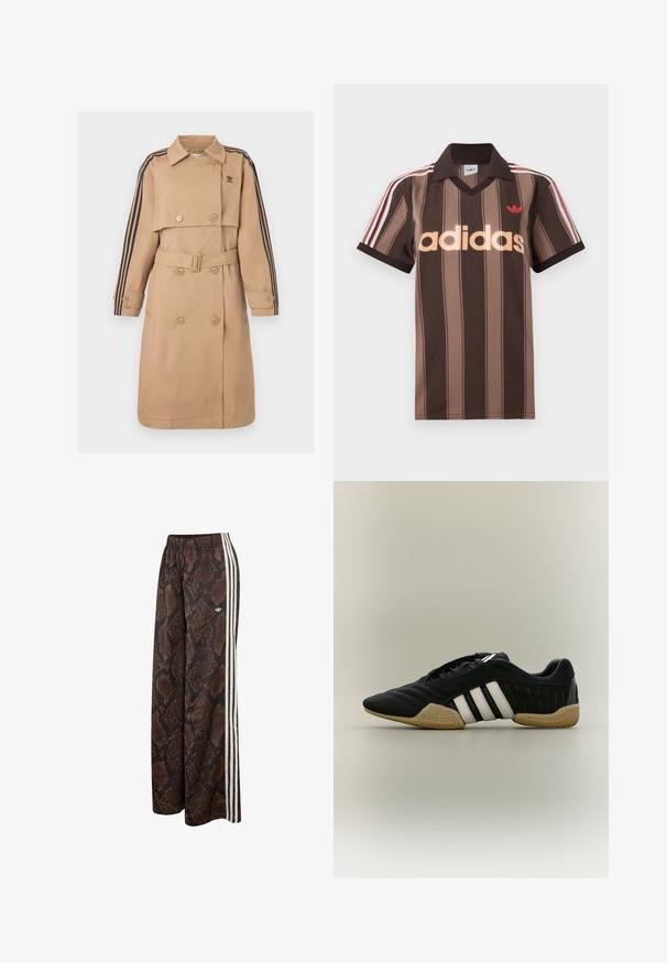 Beige trenchcoat med dobbeltradede knapper, bælte og sorte stribede detaljer på ærmerne; har krave og sidelommer.; Brunstribet Adidas polo-shirt med V-hals, bordeaux krave og rødt logo. Har hvide og røde skulderstriber samt korte ærmer.; Brune og sorte slangeskindsprintede bukser med brede ben, hvide sidelommer og elastik i taljen med lille Adidas-logo.; Sort atletiksko med hvide striber og beige tekstureret sål på en neutral baggrund, vist i sideprofil.