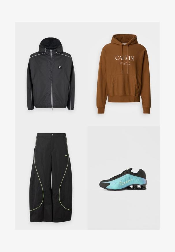 Μαύρο zip-up φούτερ με κουκούλα της Nike Air με λευκή επένδυση κατά μήκος των μανικιών, ώμων και φερμουάρ, με ελαστικά μανίκια και τελείωμα.; Καφέ φούτερ με κουκούλα ρυθμιζόμενη με κορδόνι, μπροστινή τσέπη καγκουρό και λευκό λογότυπο κειμένου με τις λέξεις "CALVIN" και "NEW YORK" στο στήθος.; Μαύρο παντελόνι Nike με φαρδιά μπάσκα, νεον πράσινη καμπύλη διακόσμηση και μικρό λογότυπο Nike Swoosh στο δεξί μηρό, κλείσιμο με κουμπί και φερμουάρ στη μέση.; Μαύρο αθλητικό παπούτσι με βαθμιαία μετάβαση σε τυρκουάζ χρώμα, με χρυσό λογότυπο, υφή επιφάνειας και ξεχωριστή επένδυση στο πέλμα.