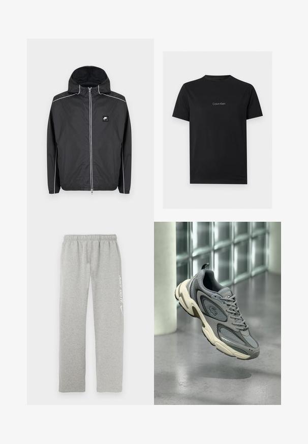 Μαύρο zip-up φούτερ με κουκούλα της Nike Air με λευκή επένδυση κατά μήκος των μανικιών, ώμων και φερμουάρ, με ελαστικά μανίκια και τελείωμα.; Μαύρο T-shirt με κοντά μανίκια και στρογγυλή λαιμόκοψη, με μικρό γκρι λογότυπο "Calvin Klein" στο κέντρο του στήθους.; Γκρι φόρμες από μαλακό υλικό με ελαστική μέση. Διαθέτουν λευκή επιγραφή "JUST DO IT" και λογότυπο Nike swoosh σε ένα πόδι.; Γκρι και λευκό αθλητικό παπούτσι με πάνελ από δίχτυ και δέρμα, αιωρούμενο πάνω από γυαλισμένο δάπεδο από σκυρόδεμα κοντά σε φόντο τοίχου από γυάλινα τουβλάκια.