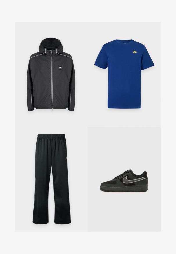 Μαύρο zip-up φούτερ με κουκούλα της Nike Air με λευκή επένδυση κατά μήκος των μανικιών, ώμων και φερμουάρ, με ελαστικά μανίκια και τελείωμα.; Μπλούζα σε ναυτικό μπλε με κοντά μανίκια, μικρό κίτρινο λογότυπο Nike στην αριστερή πλευρά του στήθους και στρογγυλή λαιμόκοψη.; Μαύρο αθλητικό παντελόνι με ελαστική ζώνη μέσης, με λευκό λογότυπο στην πάνω πλευρά και λεία, ελαφριά ύφανση.; Αθλητικό παπούτσι Nike Air Force 1 σε μαύρο σουέντ και δέρμα, με ασημένιο σήμα swoosh, στρογγυλή μύτη, κορδόνια και υφασμένη ελαστική σόλα.