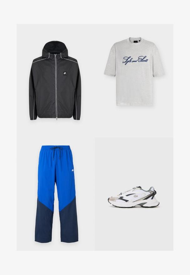 Μαύρο zip-up φούτερ με κουκούλα της Nike Air με λευκή επένδυση κατά μήκος των μανικιών, ώμων και φερμουάρ, με ελαστικά μανίκια και τελείωμα.; Ανοιχτό γκρι κοντομάνικη μπλούζα με το σκουρομπλε κείμενο "Lyle and Scott" σε καλλιγραφικό στυλ, κεντραρισμένο στο στήθος.; Μπλε και σκουρόχρωμο μπλε αθλητικό παντελόνι με ελαστική μέση και μαύρο κορδόνι, με μικρό λευκό λογότυπο New Balance στο μηρό.; Λευκό αθλητικό παπούτσι με ασημί και μαύρες λεπτομέρειες, πλέγμα επάνω, υφή στη σόλα και κομψό σχέδιο με λογότυπο στο πλάι.