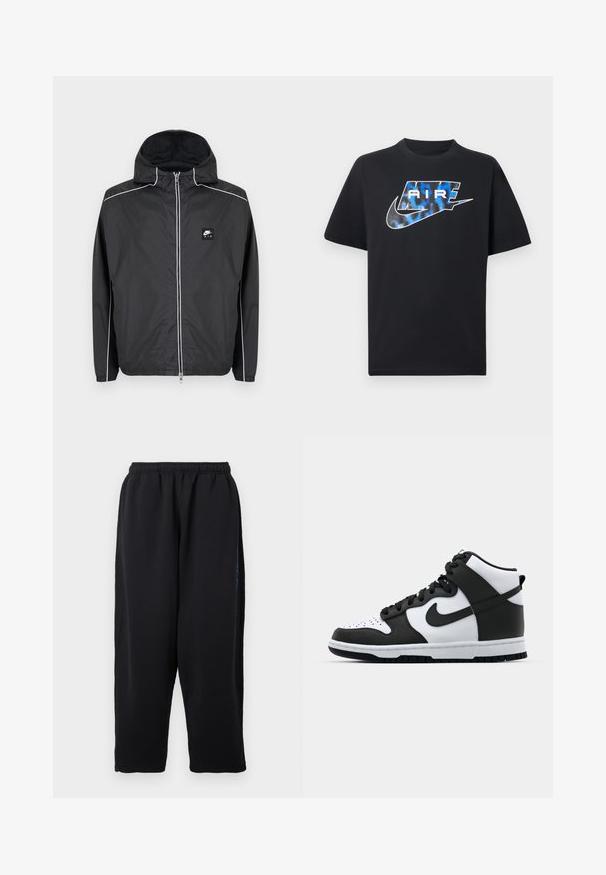Μαύρο zip-up φούτερ με κουκούλα της Nike Air με λευκή επένδυση κατά μήκος των μανικιών, ώμων και φερμουάρ, με ελαστικά μανίκια και τελείωμα.; Μαύρο κοντομάνικο μπλουζάκι με μπλε και λευκό στιλιζαρισμένο κείμενο "AIR" και το λογότυπο Nike Swoosh στο στήθος.; Μαύρο παντελόνι φόρμας από απαλό ύφασμα, με ελαστική μέση, φαρδιές πόρπες και πλαϊνές τσέπες με διακριτικές μπλε λεπτομέρειες.; Μαύρη και άσπρη ψηλή αθλητική παπούτσια με δερμάτινο πάνω μέρος, τρυπητό μπροστινό τμήμα, έντονο λογότυπο σούσι και υφασμάτινη λαστιχένια σόλα.
