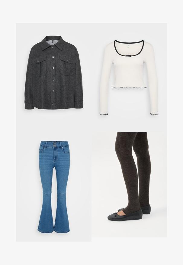 Veste gris en mélange de laine avec fermeture à boutons, deux poches poitrine et un col. Texture douce avec une coupe décontractée.; Crop top blanc à manches longues avec un col arrondi large bordé de noir, un détail nœud au centre et un ourlet froncé noir aux poignets et à l'ourlet.; Jean évasé en denim bleu avec une taille haute, doté d'une fermeture à double bouton et de deux poches avant. Texture lisse, décoloration minimale.; Jambes portant des leggings côtelés foncés associés à des ballerines noires avec de petits détails en nœud sur fond blanc.
