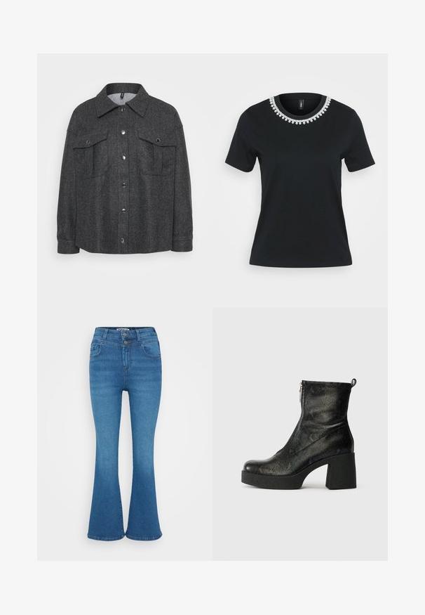 Veste gris en mélange de laine avec fermeture à boutons, deux poches poitrine et un col. Texture douce avec une coupe décontractée.; T-shirt en coton noir avec manches courtes et décolleté rond. Présente un design décoratif en perles au niveau du col, la surface est lisse.; Jean flair en denim bleu avec taille haute, fermeture à deux boutons et décoloration subtile. Design classique à cinq poches, texture lisse.; Bottines noires avec un extérieur texturé, semblable à celui des reptiles. Dotées d'un talon épais et d'une fermeture à glissière latérale. Boucle de tirage réglable à l'arrière.