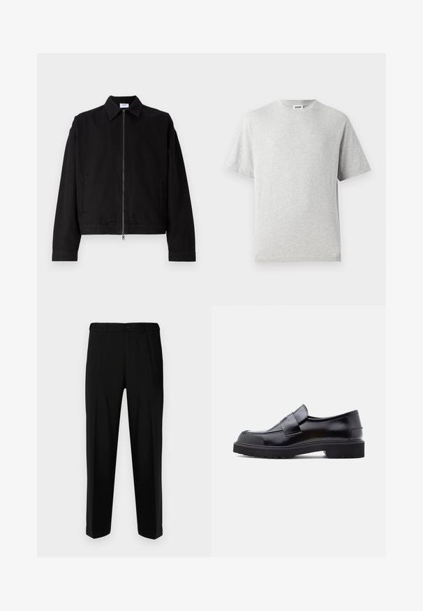 Zwarte cropped jas van katoen met een ritssluiting aan de voorkant, puntige kraag en zijzakken. Heeft lange mouwen en een gladde textuur.; Grijze korte mouwen t-shirt van zacht materiaal. Heeft een ronde hals, een relaxte pasvorm en geen patronen of logo's. Overal een gladde textuur.; Zwarte broek van gladde stof, met een rechte snit, twee voorzakken en een ritssluiting met knoopsluiting.; Zwarte leren instapschoen met een strak ontwerp, ronde neus en een dikke, gestructureerde rubberen zool. Heeft een decoratieve band over de voorkant.