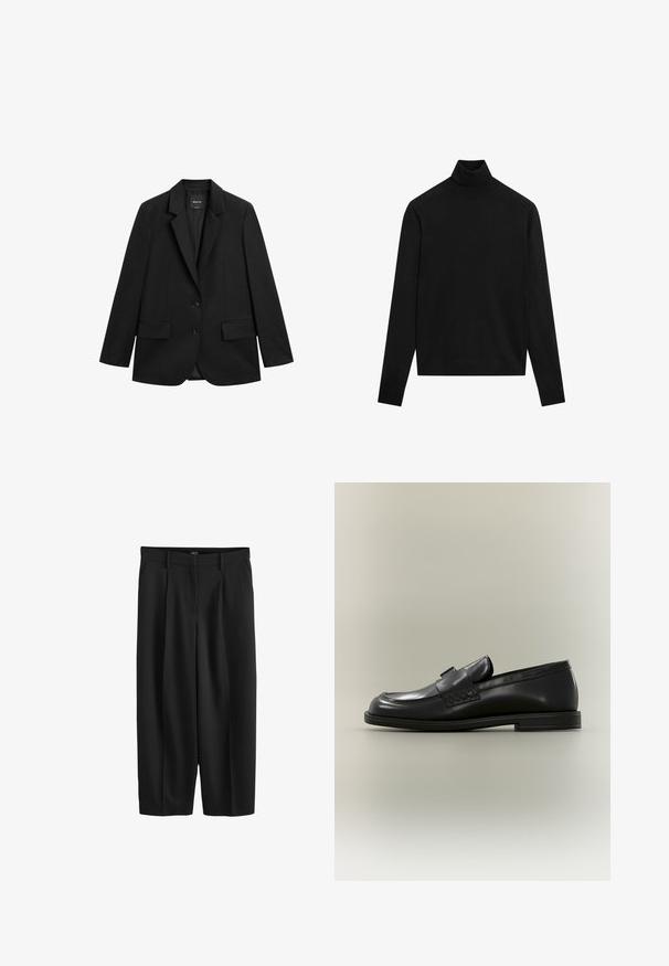 Zwarte enkelrijige blazer met inkeping revers, twee klepzakken aan de voorkant en twee knopen, op een witte achtergrond.; Zwarte coltrui met lange mouwen, een aansluitende hals en een eenvoudig ontwerp, afgebeeld tegen een witte achtergrond.; Zwarte hoge taille rechte broek met ceintuurlussen en voorplooien, weergegeven op een witte achtergrond.; Zwarte leren loafer met lage hak, ronde neus en gestikte details op een neutrale achtergrond.