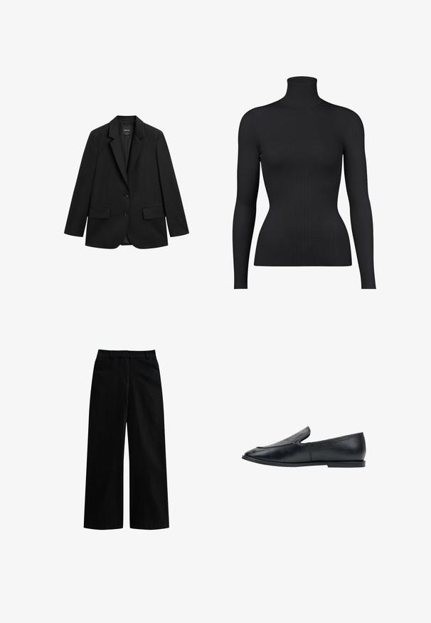 Zwarte enkelrijige blazer met inkeping revers, twee klepzakken aan de voorkant en twee knopen, op een witte achtergrond.; Zwarte geribde coltrui met lange mouwen, met een nauwsluitende pasvorm en textuurstof.; Zwarte wijde broek van een gladde stof. Voorzien van een tailleband, riemlussen en geen zichtbare versieringen of patronen.; Zwarte leren slip-on loafer met lage hak en afgeronde vierkante neus, zijaanzicht op witte achtergrond.