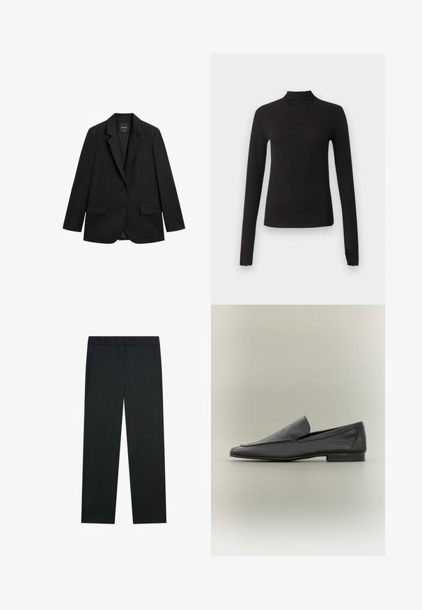 Zwarte enkelrijige blazer met inkeping revers, twee klepzakken aan de voorkant en twee knopen, op een witte achtergrond.; Zwart aansluitend shirt met lange mouwen en nepkraag, weergegeven op een effen lichtgrijze achtergrond.; Zwarte formele broek met rechte pijpen en zijzakken, plat afgebeeld tegen een witte achtergrond.; Zwarte leren loafers met een gladde afwerking, puntige neus en een minimalistisch ontwerp. Lage gestapelde hak en subtiele stiksels.