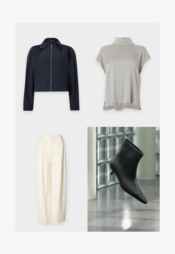 Veste légère bleu marine avec fermeture éclair frontale, manches longues, col et poches latérales sur un fond clair uni.; Blouse gris clair à manches courtes avec col montant et fentes sur les côtés, confectionnée dans un tissu doux et fluide avec un ourlet arrière légèrement plus long.; Pantalon crème à taille haute et jambes larges avec plis devant, fermeture éclair avant dissimulée et passants pour ceinture.; Bottine en cuir noir à bout pointu et petit talon kitten, présentée en angle devant un sol poli et un mur en blocs de verre.