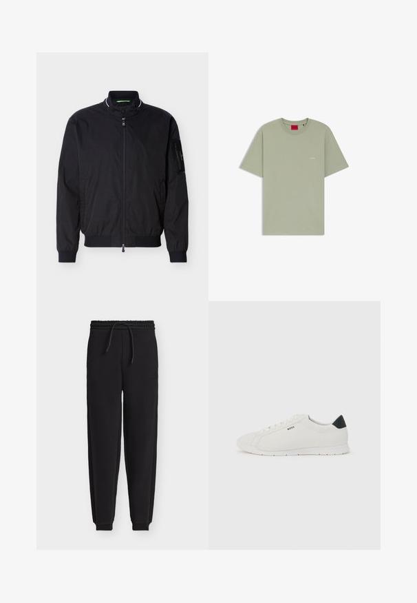 Blouson aviateur noir zippé avec col montant, poignets et ourlet côtelés, et une poche zippée sur la manche gauche.; T-shirt vert clair à manches courtes avec col rond, petit logo blanc "HUGO" sur la poitrine et étiquette intérieure rouge au niveau du col.; Pantalon de jogging noir avec taille élastique, cordon de serrage, jambes fuselées, chevilles à bords-côtes et petite pièce sur la cuisse droite.; Baskets blanches basses avec languette de talon noire, lacets blancs et logo "BOSS" sur le côté, présentées sur un fond clair uni.