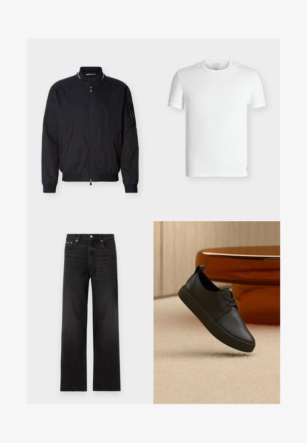 Blouson aviateur noir zippé avec col montant, poignets et ourlet côtelés, et une poche zippée sur la manche gauche.; T-shirt blanc uni à manches courtes en coton côtelé, col rond et petite étiquette cousue près de l'ourlet inférieur.; Jean noir droit avec cinq poches, passants pour ceinture et fermeture par bouton, présenté sur un fond blanc.; Baskets décontractées en cuir noir avec lacets, flottant au-dessus d'un tapis beige, avec une table en verre ambré arrondie en arrière-plan.