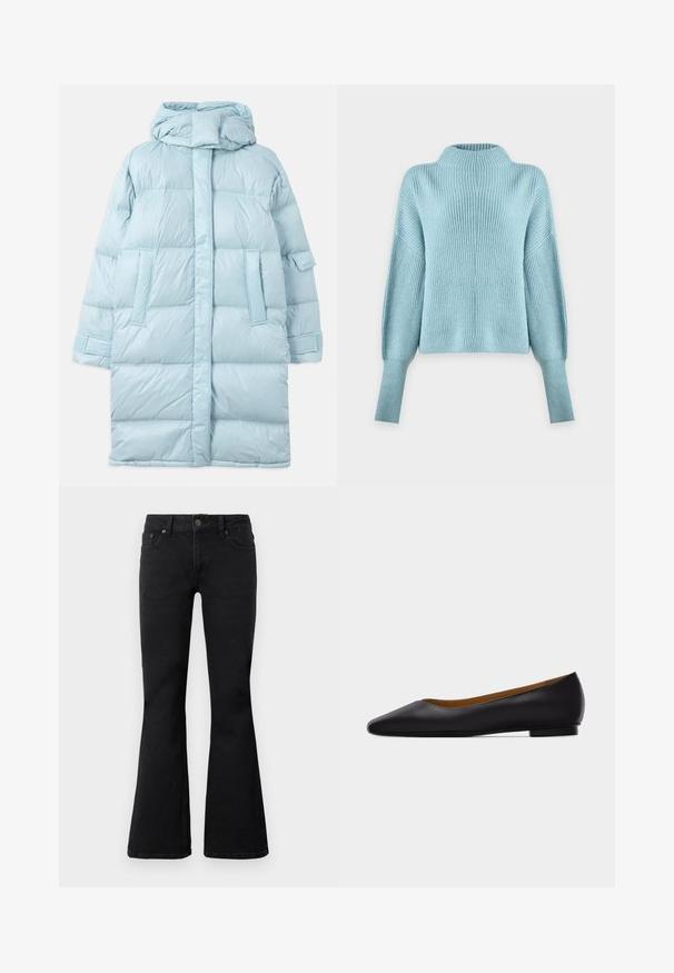 Lysblå puffer-jakke med hætte, med et quiltet design, sidelommer og justerbare manchetter. Glat, blankt stoftekstur.; Lyseblå strikket sweater med høj hals, lange faldende ærmer og ribstrikket struktur på en ensfarvet hvid baggrund.; Sorte højtaljede jeans med frontknap og lynlås lukning, to forlommer og udvidede ben, lagt flad på hvid baggrund.; Sort læder flad sko med spids tå, lav hæl og glat finish, vist fra siden på en lysegrå baggrund.