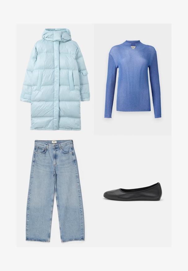 Veste matelassée bleu clair avec capuche, présentant un design matelassé, des poches latérales et des poignets ajustables. Texture de tissu lisse et brillante.; Pull en tricot bleu côtelé avec un col montant et des manches longues. Présente une finition texturée et un léger éclat, offrant une silhouette ajustée.; Agolde Jean baggy - light-blue denim; Ballerines en cuir noir avec un bout rond, texture lisse, détails de couture minimalistes et design de semelle flexible.