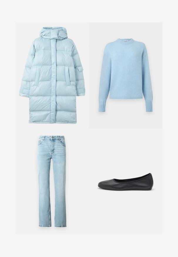 Lysblå puffer-jakke med hætte, med et quiltet design, sidelommer og justerbare manchetter. Glat, blankt stoftekstur.; Lyseblå strikket sweater med lange ærmer, ribbede manchetter, kant og rund halsudskæring på en ensfarvet baggrund.; Lyseblå denimjeans med lige pasform, fem lommer og en lille flare ved kanten. Afsluttet med kontrastsyninger.; Sort læderballetsko med rund tå, glat tekstur, minimal syning og et fleksibelt såldesign.