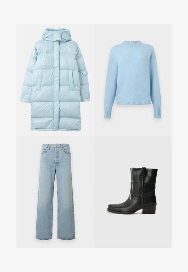Lysblå puffer-jakke med hætte, med et quiltet design, sidelommer og justerbare manchetter. Glat, blankt stoftekstur.; Lyseblå strikket sweater med lange ærmer, ribbede manchetter, kant og rund halsudskæring på en ensfarvet baggrund.; Lyseblå vide bukser i denimstof med høj talje. Har fem lommer, knaplukning og subtilt falmet tekstur.; Sort læder ankelstøvle med rundt tå, blokhæl, lynlås i siden og stikninger på vampsiden. Glat tekstur, klassisk design.