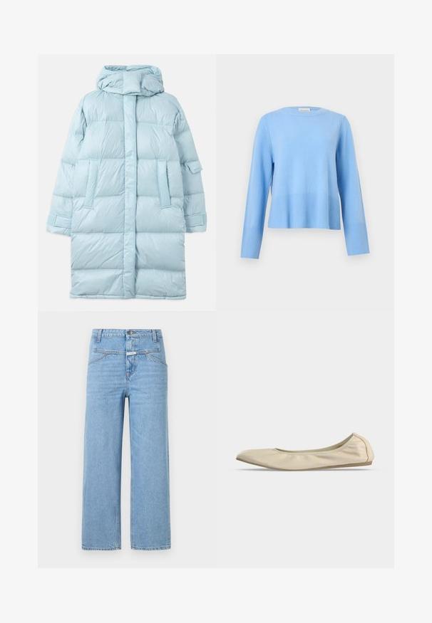 Lysblå puffer-jakke med hætte, med et quiltet design, sidelommer og justerbare manchetter. Glat, blankt stoftekstur.; Lyseblå crewneck-trøje med lange ærmer og ribkant ved ærmer og kant på en ensfarvet grå baggrund.; CLOSED STOVER - Jeans Relaxed Fit - light blue; Beige blødt læder balletsko med rundet tå, lavt snit i siden og tynd gummisål på en ensartet hvid baggrund.