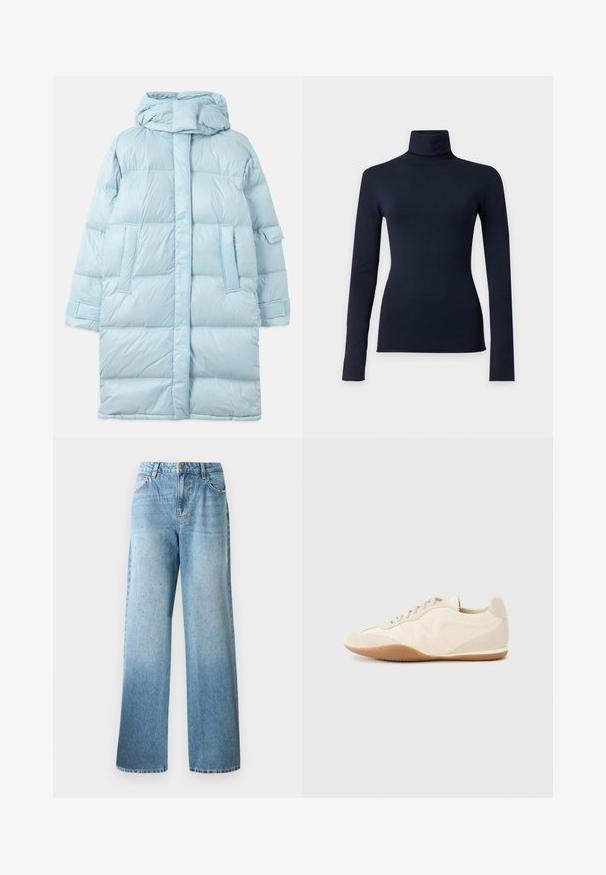 Veste matelassée bleu clair avec capuche, présentant un design matelassé, des poches latérales et des poignets ajustables. Texture de tissu lisse et brillante.; Haut col roulé bleu marine à manches longues avec une silhouette ajustée, présenté sur un fond uni gris clair.; Jean en denim bleu clair avec une coupe ample, des jambes droites et des embellissements subtils. Présente un design traditionnel à cinq poches et des passants de ceinture.; Baskets beige clair avec une tige en cuir texturé, des panneaux latéraux texturés et une semelle en caoutchouc. Dotées d'un design fin et épuré ainsi que de lacets plats.