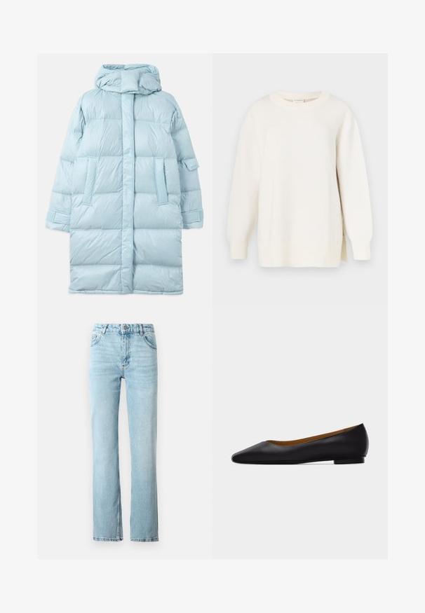Lysblå puffer-jakke med hætte, med et quiltet design, sidelommer og justerbare manchetter. Glat, blankt stoftekstur.; Kremfarvet sweater med tekstureret strik, rund halsudskæring og en let oversized pasform. Har lange ærmer og sidesplitter ved kanten.; Lyseblå denimjeans med lige pasform, fem lommer og en lille flare ved kanten. Afsluttet med kontrastsyninger.; Sort læder flad sko med spids tå, lav hæl og glat finish, vist fra siden på en lysegrå baggrund.