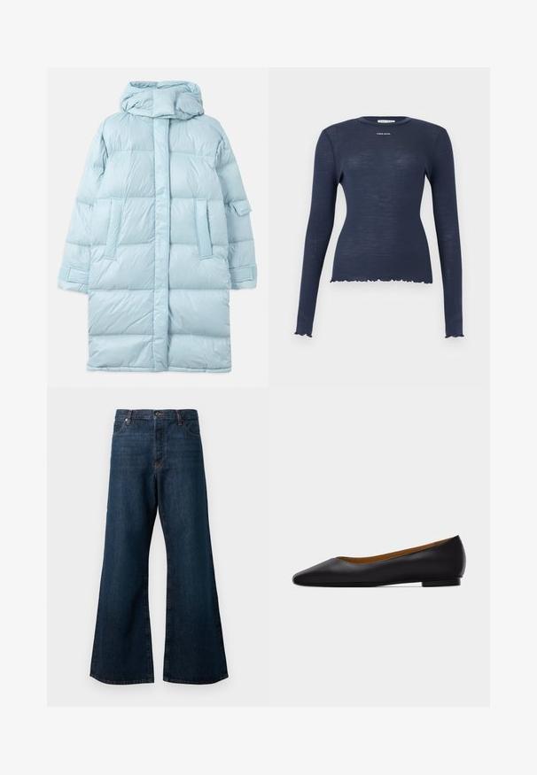 Lysblå puffer-jakke med hætte, med et quiltet design, sidelommer og justerbare manchetter. Glat, blankt stoftekstur.; Marineblå langærmet ribstrikket top med rund hals, flæsekant på kant og ærmer samt "Stine Goya"-logo på brystet.; Mørkeblå brede jeans lavet af denim, med høj talje, fem-lomme design og kontrasterende orange syninger langs sømmene.; Sort læder flad sko med spids tå, lav hæl og glat finish, vist fra siden på en lysegrå baggrund.